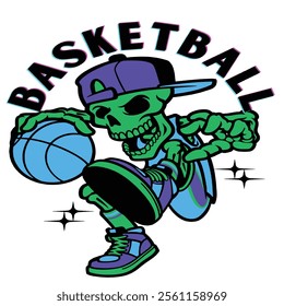 Sharp lines and vivid team colors adorn this dynamic, aggressive basketball logo that depicts a stylized basketball in action.