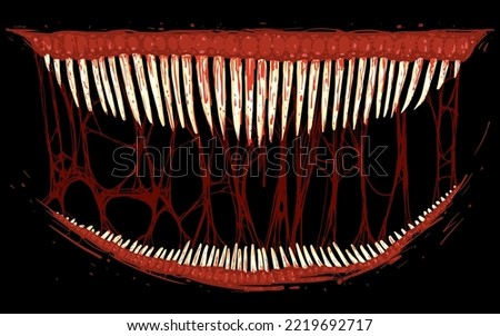 Sharp long teeth with bloody smudges and jets on a black background. Vector illustration of a bloody reptile predator. A stock image with a horror effect to add a manic evil look.