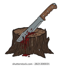 Sharp machete covered in dripping red blood, impaled deeply into a weathered tree stump with textured bark.