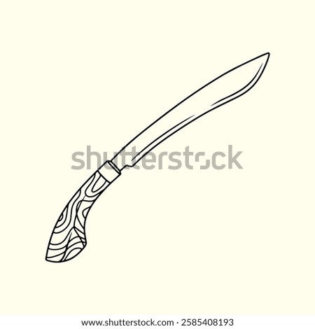 Sharp Machete with Wooden Handle. Thin Line Illustration.