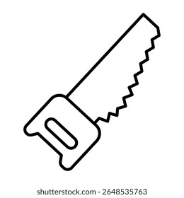 Nítida serra manual para uma mão ícone linha fina, conceito da indústria florestal. Gráficos vetoriais. Ferramenta de trabalho de madeira, sinal de madeira serra no fundo branco, estilo móvel ou design