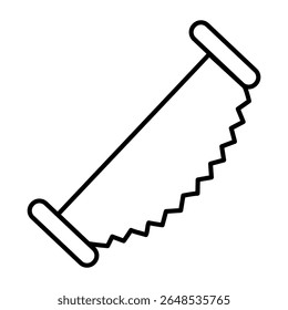 Nítida serra manual para dois operários ícone de linha fina, conceito de indústria florestal. Gráficos vetoriais. Ferramenta de trabalho de madeira, sinal de madeira serra no fundo branco, estilo móvel ou design