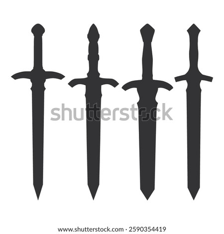 Sharp Medieval Sword Silhouette. Ancient Black Sword Silhouette. Long Sword Icon.