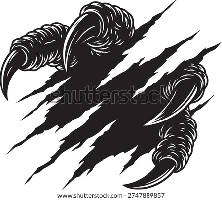 Sharp menacing animal claws tear through a surface leaving behind ragged ripped edges and dramatic lines