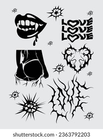 sharp metal art brutalism element shape collection set acid poster, tattoo, tribal illustration vector creepy tshirt design, symbol sick editable