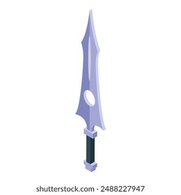 Sharp metal fantasy sword pointing up with hole in blade isometric illustration