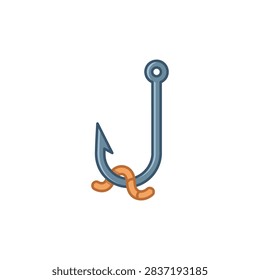 A sharp metal fishing hook with a small worm attached here