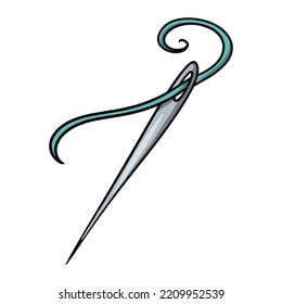 Sharp metal needle with thread, Vector illustration in cartoon style on a white background