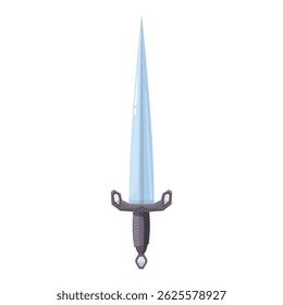 Sharp metal sword with cross guard and decorated hilt pointing up isolated on white background