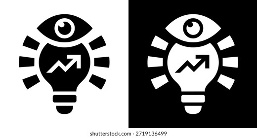 Ein scharfes, modernes schwarzes Symbol auf sauberem, weißem Hintergrund, das eine stilisierte Glühbirne mit einem dynamischen, nach oben gerichteten Liniendiagramm im Inneren darstellt, das Fortschritt, Finanzwachstum und positive Entwicklung symbolisiert. Über der Glühbirne befindet sich ein aufschlussreiches Auge, das scharfe Beobachtung, Weitsicht und strategische Vision repräsentiert. Strahlende Segmente rund um die Glühbirne suggerieren die Beleuchtung neuer Ideen oder erweitertes Verständnis. Diese gewagte Grafik vermittelt effektiv Konzepte der Business Intelligence, Datenanalyse, Innovation und strategischen Planung.