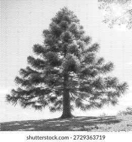 Ilustração monótona afiada de um único pinheiro em forma de cone simétrico. Este design natural representa a força perene, a beleza da floresta e as tradições natalinas. Perfeito para sinalização de parques nacionais, logotipos de empresas de madeira e marketing de férias de inverno. Os pontos de meio-tom capturam a textura em camadas das ramificações de forma realista. Vetor de alta qualidade para marca limpa e profissional com tema de natureza.