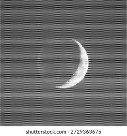 A sharp monotone illustration of a waxing crescent moon phase. This celestial design represents new beginnings, growth, and the lunar cycle. Perfect for astrology chart graphics, night sky calendars, and spiritual branding. The halftone shading creates a smooth transition between light and dark on the lunar surface. Scalable vector graphic for clear and professional symbolic designs.