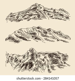 Sharp mountain landscape sketch hand drawing, in vintage engraving etching style, for extreme climbing sport, adventure travel  and tourism design