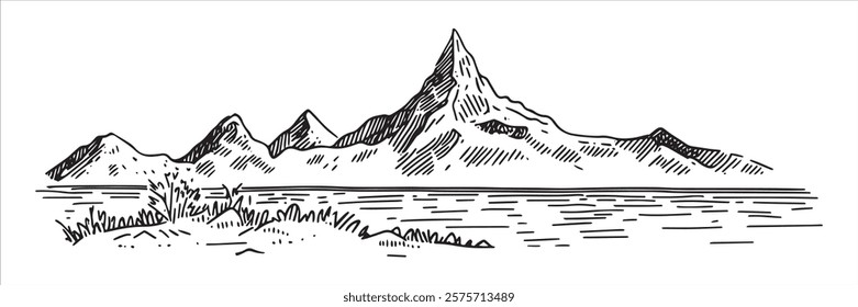 sharp mountain peaks with lake and vegetation hand-drawn sketch doodle