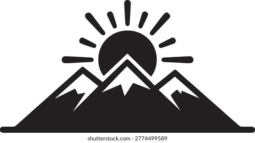 Sharp mountain peaks and rising sun silhouette perfect for outdoor gear hiking clubs and adventure travel branding isolated minimal vector design icon