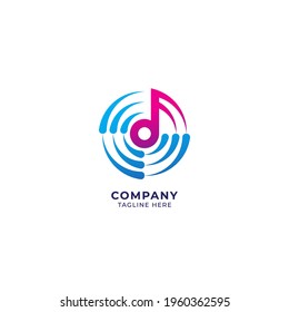 Sharp musical note in the middle of vortex wave. Music and sicence logo concept. Pink magenta blue color gradient. Vector illustration isolated on white background.