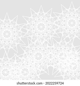 Sharp Mystery Chaotic Soft Calm Folk Mandala Grey Illustration. Lace Monochrome Ice Pastel Winter Stars Satanic White Background. Cold Light Luxury Frost Silver Print Complicated Ornamental Ornament.