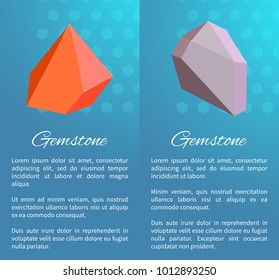 Sharp natural gemstones of bright red and light grey colors cartoon flat vector illustrations on vertical promotional posters with blue background.