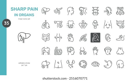 Conjunto de iconos de dolor agudo en órganos humanos. Incluye símbolos de dolor en el hígado, el corazón, los pulmones, el cerebro, la columna vertebral, los músculos, los dientes, las articulaciones y más. Ilustraciones médicas y de anatomía.