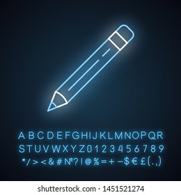 Sharp pencil with eraser neon light icon. Glowing sign with alphabet, numbers and symbols. drawing tool vector isolated illustration. Stationery items, school supplies shop logo. Education attribute