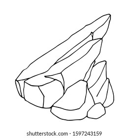 sharp piece of stone rock, landscape decoration for aquarium or Park, natural weathering, vector illustration with black contour lines isolated on white background in hand drawn and Doodle style