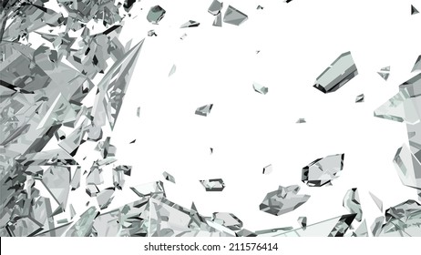 Sharp pieces of smashed glass on white