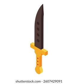 Sharp pointed knife pointing up with golden hilt and brown blade, isometric vector illustration