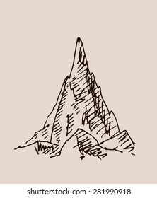 Sharp pointy mountain scenery sketch hand drawing, in engraving etching style, for extreme climbing sport, adventure travel  and  tourism design