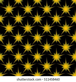 Sharp pointy yellow star with a transparent glow, vector seamless pattern on a black background