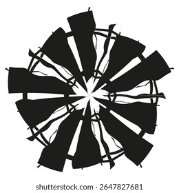 Ícone radial nítido. Forma abstrata circular. Figura de intermitência simétrica. Vetor preto branco.