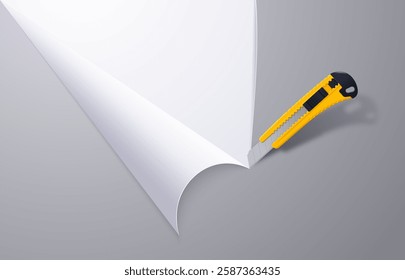 Sharp realistic stationery office knife cuts light paper background. Vector 3d illustration.