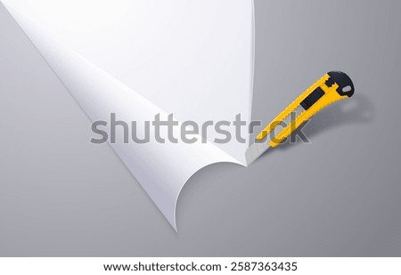 Sharp realistic stationery office knife cuts light paper background. Vector 3d illustration.