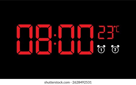 Tela de relógio de alarme digital vermelho nítido às 08:00 com temperatura e dois ícones de alarme em um fundo preto limpo, revelando precisão moderna