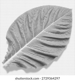 Una ilustración retro nítida de una sola hoja dentada con venas detalladas. Este diseño mínimo es perfecto para la marca de alimentos orgánicos, la señalización del centro de la naturaleza, el empaquetado de la medicina herbaria y los iconos de la conciencia ambiental. El sombreado semitono añade un aspecto texturizado moderno a la forma botánica clásica. Ideal para transmitir temas de naturaleza, salud y pureza. Archivo de Vector de alta calidad para marcas de identidad nítidas y claras.