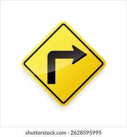 Sinal de aviso de trânsito Sharp Right Turn. Design plano, isolado em fundo branco.