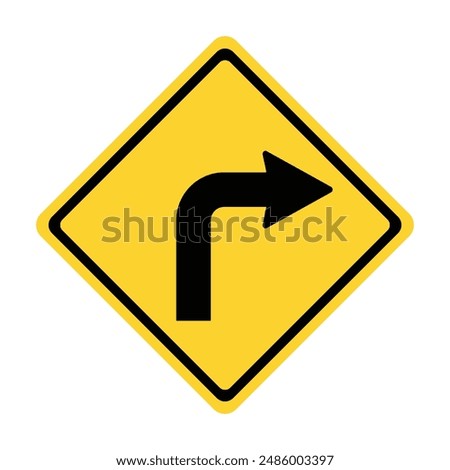 Sharp Right Turn yellow road sign, 90-Degree Right Turn, Right Turn Ahead