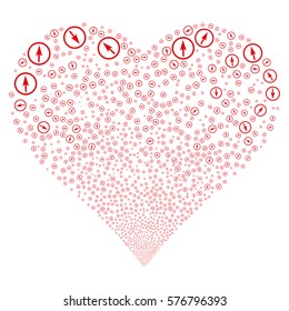 Sharp Rounded Arrow fireworks with heart shape. Vector illustration style is flat red iconic symbols on a white background. Object love heart organized from confetti icons.