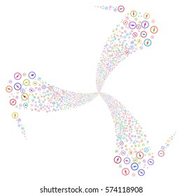 Sharp Rounded Arrow fireworks swirl rotation. Vector illustration style is flat bright multicolored iconic symbols on a white background. Object whirl made from random pictograms.