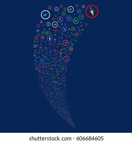 Sharp Rounded Arrow random fireworks stream. Vector illustration style is flat bright multicolored iconic symbols on a blue background. Object fountain constructed from scattered pictograms.