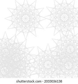Sharp Satanic Grey Ice Winter Frost Pastel Folk Pattern. White Monochrome Silver Cold Mandala Print Lace Mystery Background. Soft Luxury Light Ornamental Stars Calm Chaotic Complicated Illustration.