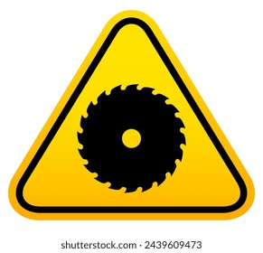 Sharp saw blade hazard sign isolated on white background. Watch your fingers warning yellow symbol, work place safety banner