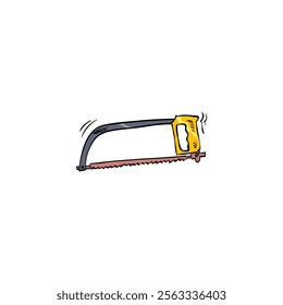 Sharp saw drawing in cartoon comic style. Building tool. Vector illustration art.