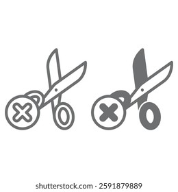 Sharp scissors ban line and solid icon, prohibited items concept. Vector graphics. Scissors forbidden sign on white background, outline style icon for mobile or web design