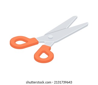 Sharp scissors with red rings handles isometric vector illustration. Open professional haircut equipment for cutting hair, slicing isolated. Beauty grooming salon or office stationery supply