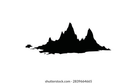 Sharp silhouette of jagged mountain peaks or volcanic islands rises dramatically on a solid white background.