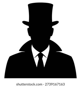 Sharp silhouette of a man wearing a top hat, suit, tie, and collar against a clean white background.