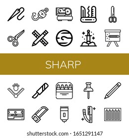 sharp simple icons set. Contains such icons as Needle, Scissors, Fish hook, Pencil, Slicer, Neptune, Swiss army knife, Sword, Trap, Sharpener, can be used for web, mobile and logo