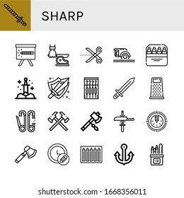 sharp simple icons set. Contains such icons as Katana, Pencil, Knife, Scissors, Circular saw, Pencils, Sword, Needle, Grater, Safety pin, can be used for web, mobile and logo