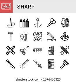 sharp simple icons set. Contains such icons as Sharpener, Needle, Color pencils, Anchor, Scissors, Safety pin, Razor blade, Pencil, Sword, can be used for web, mobile and logo