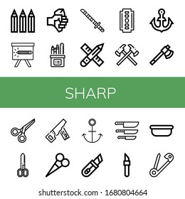 sharp simple icons set. Contains such icons as Color pencils, Pencil, Axe, Pencil box, Katana, Shaving razor, Axes, Anchor, Scissors, Hand saw, can be used for web, mobile and logo